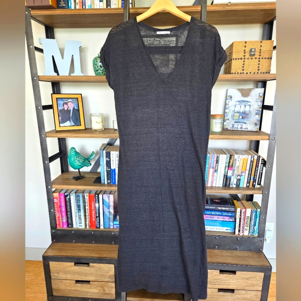 Zara Linen Cotton V-Neck Maxi Dress, Charcoal Gray, Size Small